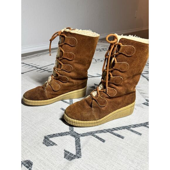 VTG 70s Winter Boots Brown Suede Shearling Lace Up Size 10 Apres Ski Made in USA - Picture 2 of 9